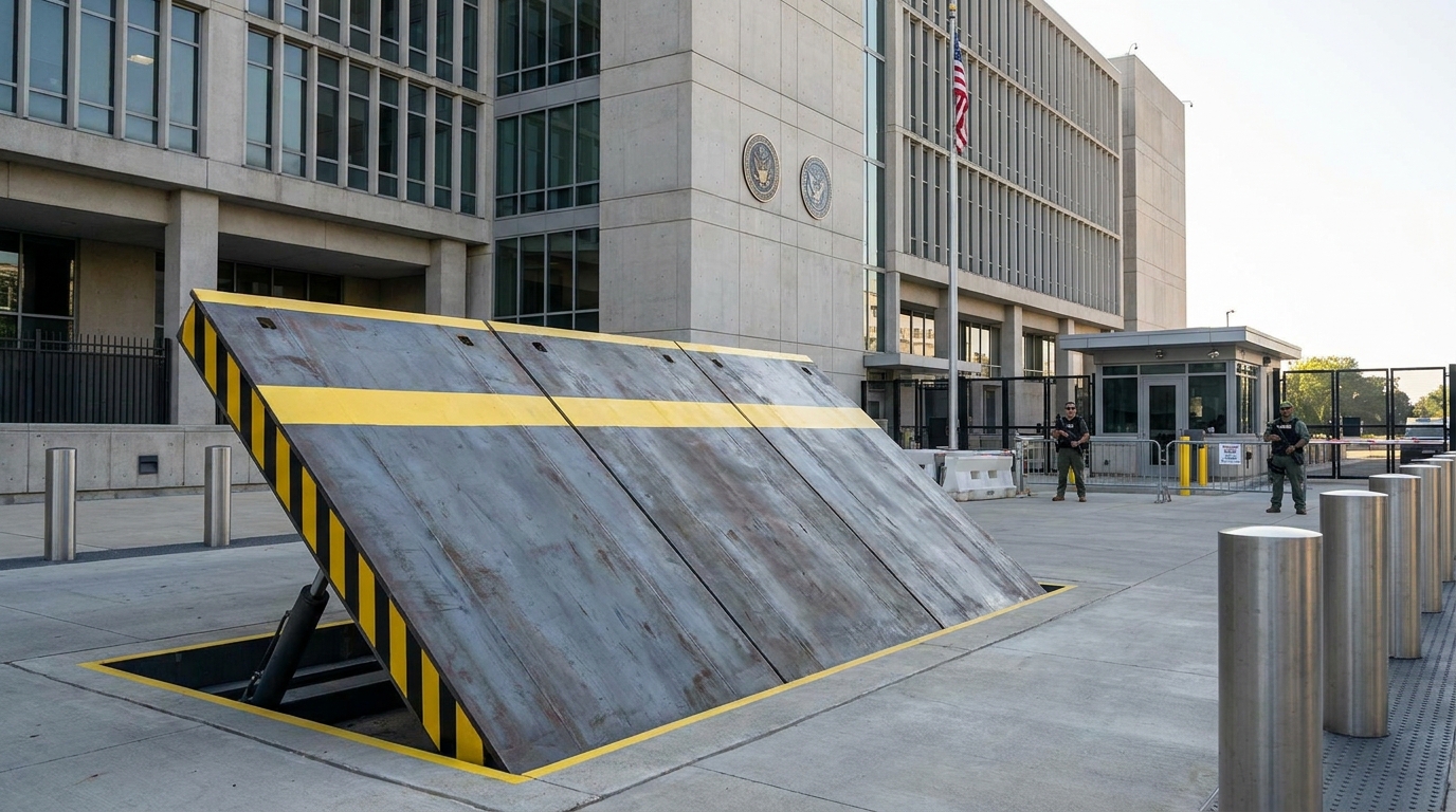 Hydraulic road blocker at a high-security entrance