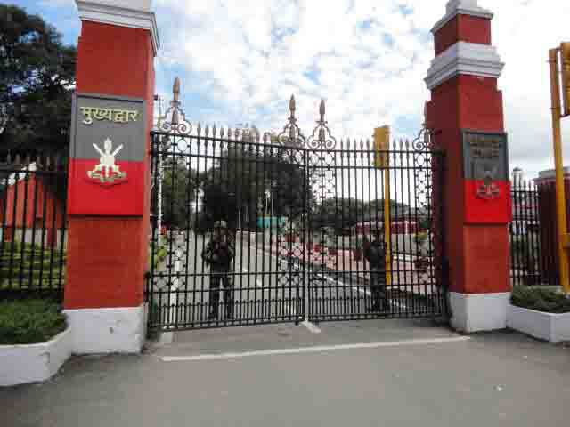 Indian Army cantonment main gate with sentries and access control